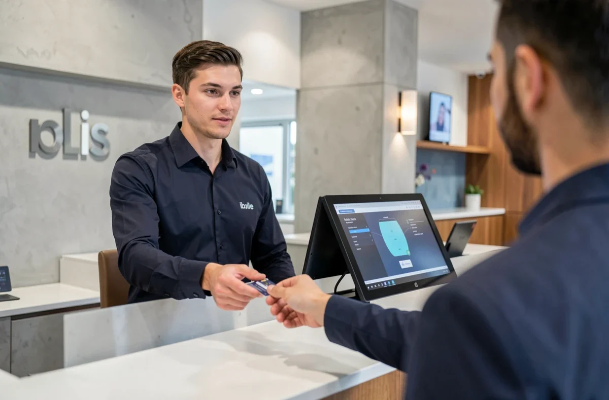 Réceptionniste d'hôtel ibis remettant une clé de chambre à un client lors du check-in à Libourne