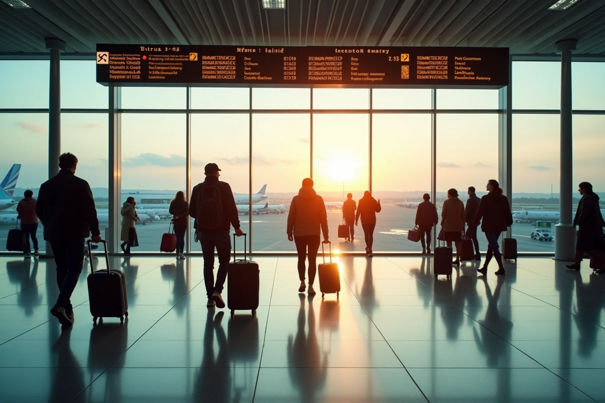 Terminal de départ d'un aéroport international avec des voyageurs en route vers Paris depuis La Réunion