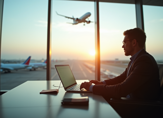 Combien de temps peut-on voyager hors du pays sans risque ? Salon d'aéroport moderne avec voyageur confortable