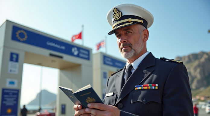 Agent de douane examinant un passeport et une carte d'identité Gibraltar