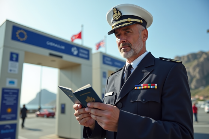Agent de douane examinant un passeport et une carte d'identité Gibraltar