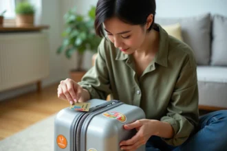 Femme appliquant un autocollant valise sans bulles avec une carte de crédit sur une valise rigide colorée