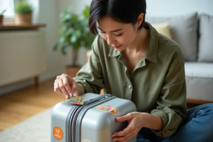 Femme appliquant un autocollant valise sans bulles avec une carte de crédit sur une valise rigide colorée