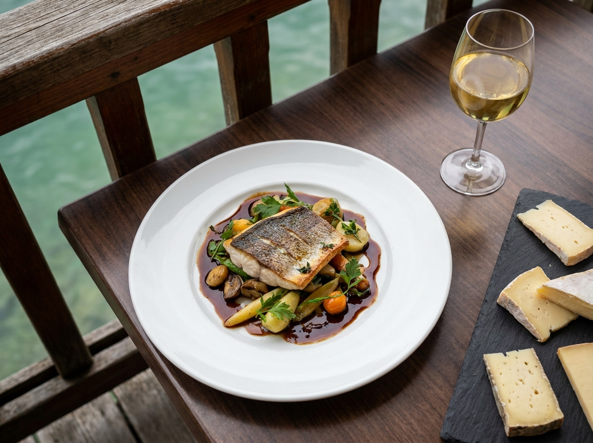 Assiette gastronomique de poisson du lac et plateau de fromages savoyards sur une table en terrasse à Annecy