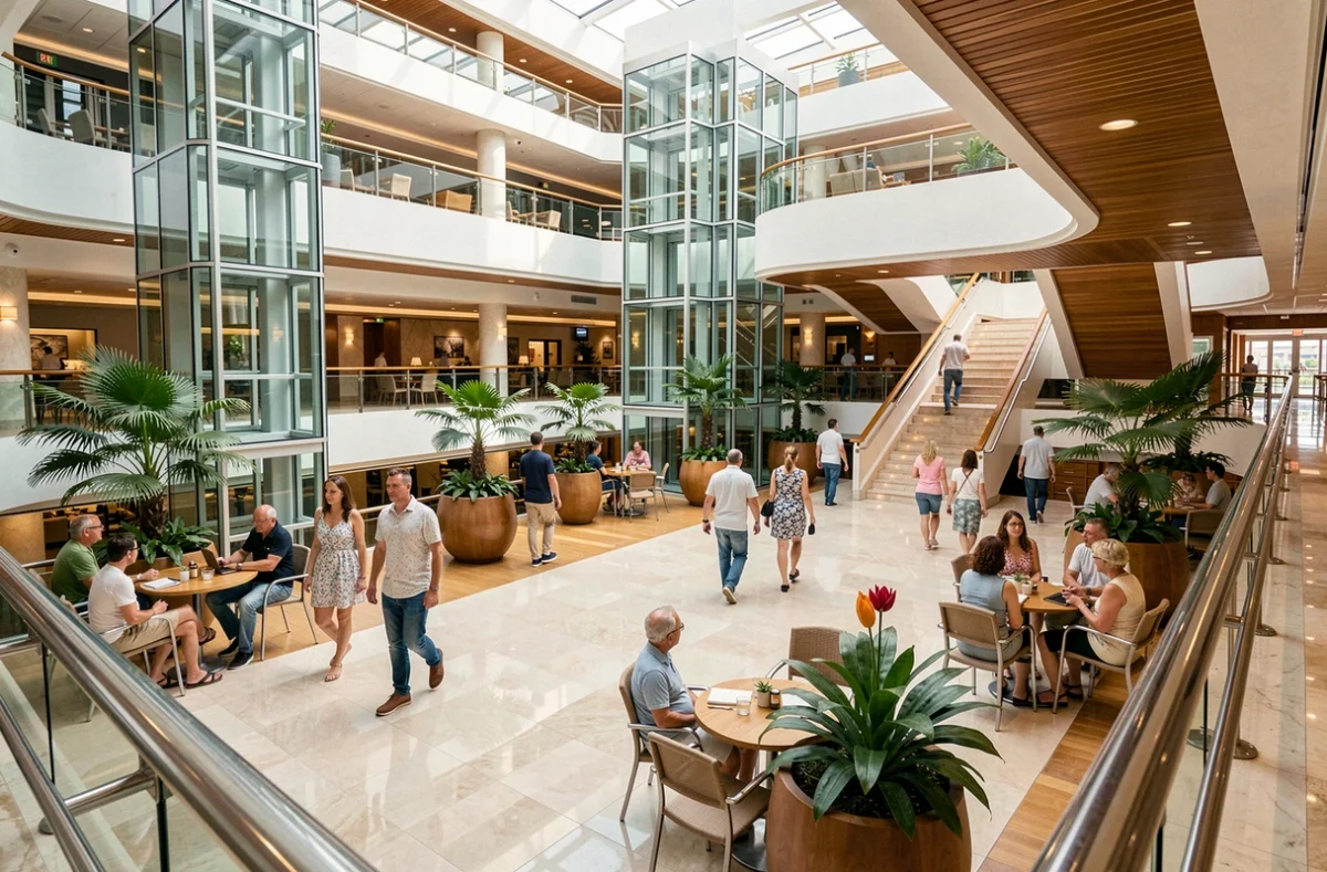 Atrium intérieur luxueux d'un méga bateau de croisière avec passagers se promenant sur la promenade principale