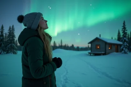 Femme regardant les aurores en Laponie finlandaise
