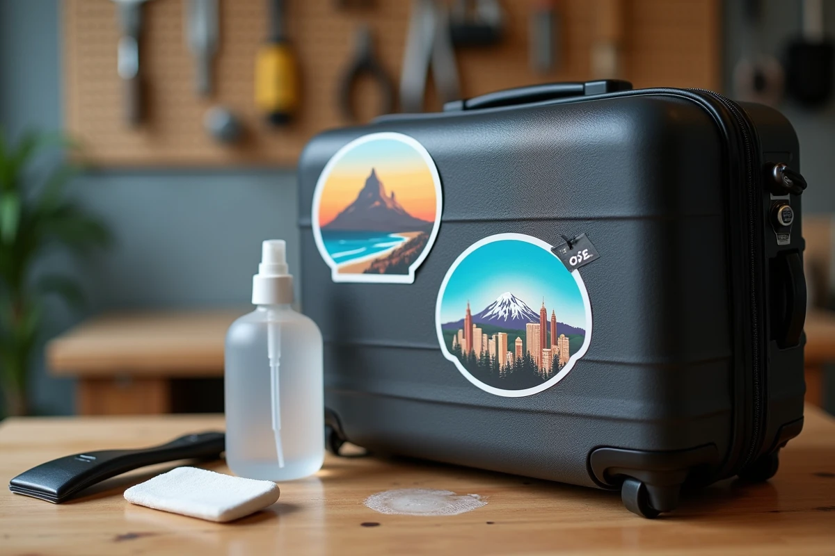 Gros plan d'autocollants de voyage collés sans bulles sur une valise rigide avec outils d'application