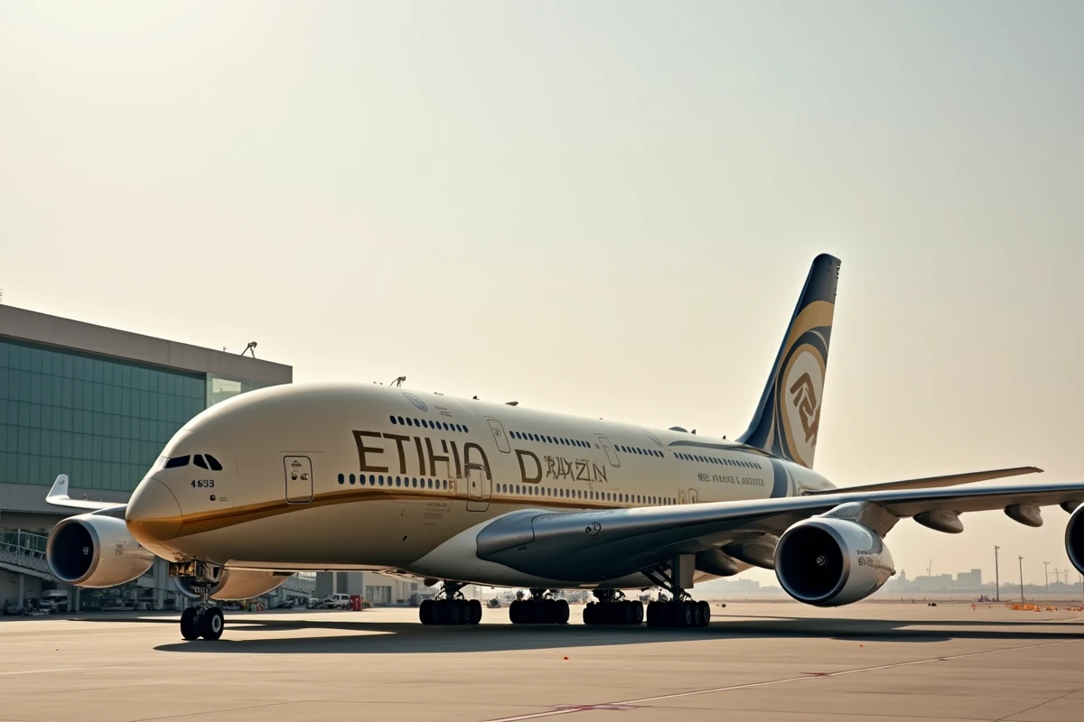 Airbus A380 d'Etihad Airways stationné à l'aéroport international d'Abu Dhabi avec la livrée dorée et grise caractéristique