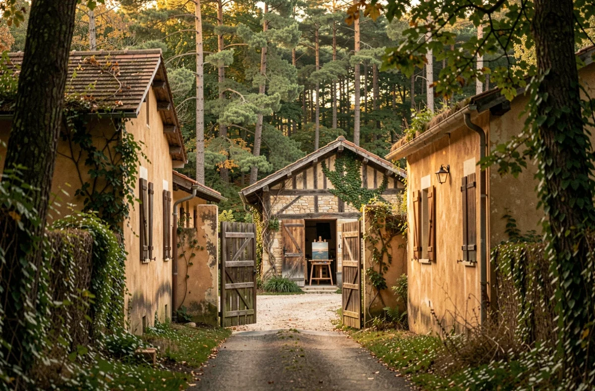 Ruelle de Barbizon avec un atelier de peintre en pierre et colombages en lisière de la forêt de Fontainebleau aux teintes automnales