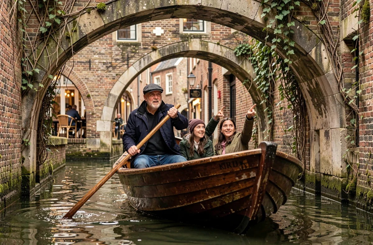 Bateau touristique traditionnel naviguant sous une arche en pierre sur un canal etroit de Bruges, guide et touristes a bord admirant l'architecture medievale