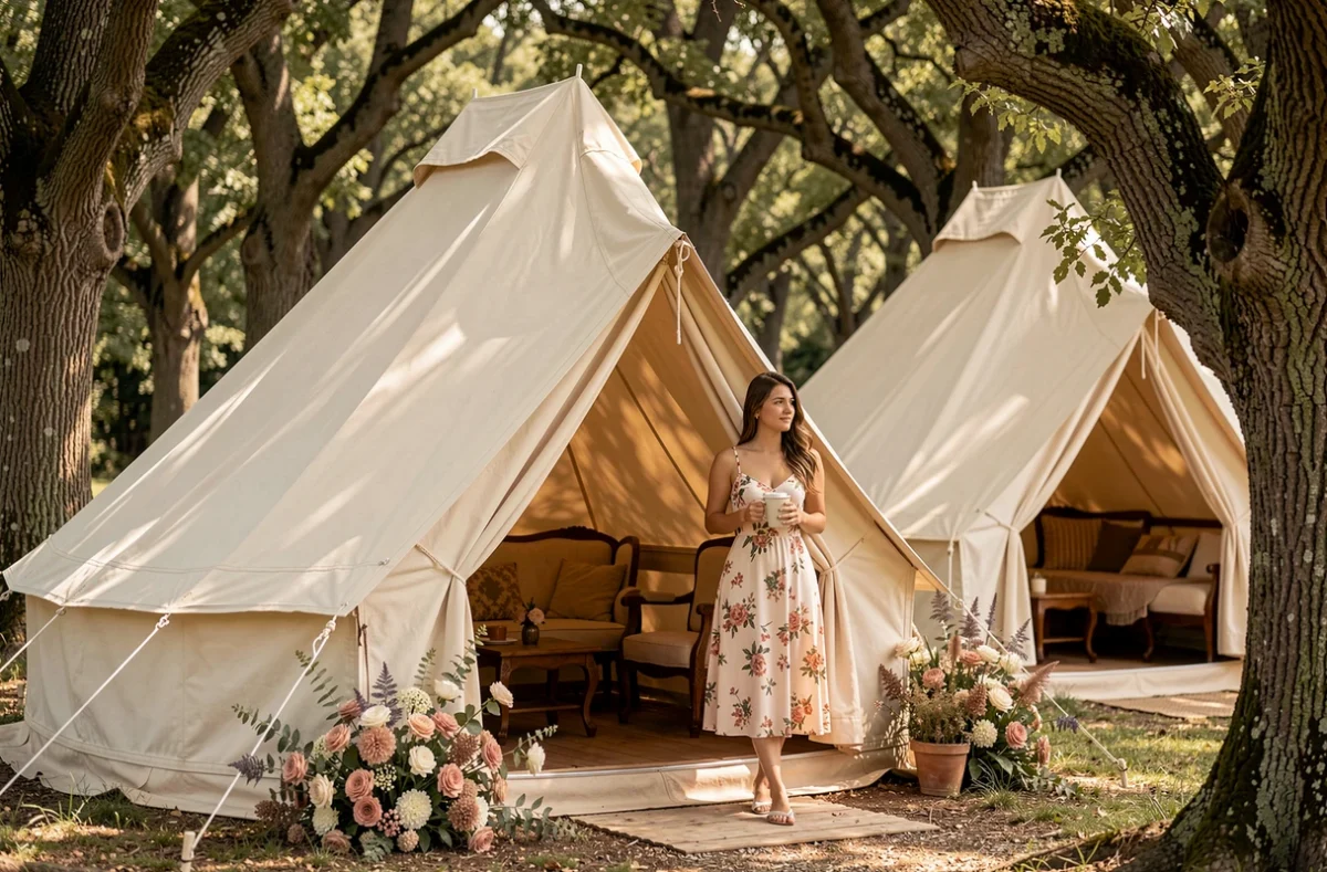 Bel'Époque du Pilat avec ses tentes bell tent vintage sous une forêt de chênes et ambiance glamping raffinée
