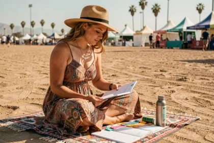 Jeune femme planifiant son budget Coachella 2026 avec un carnet et des bracelets de festival dans un cadre désertique
