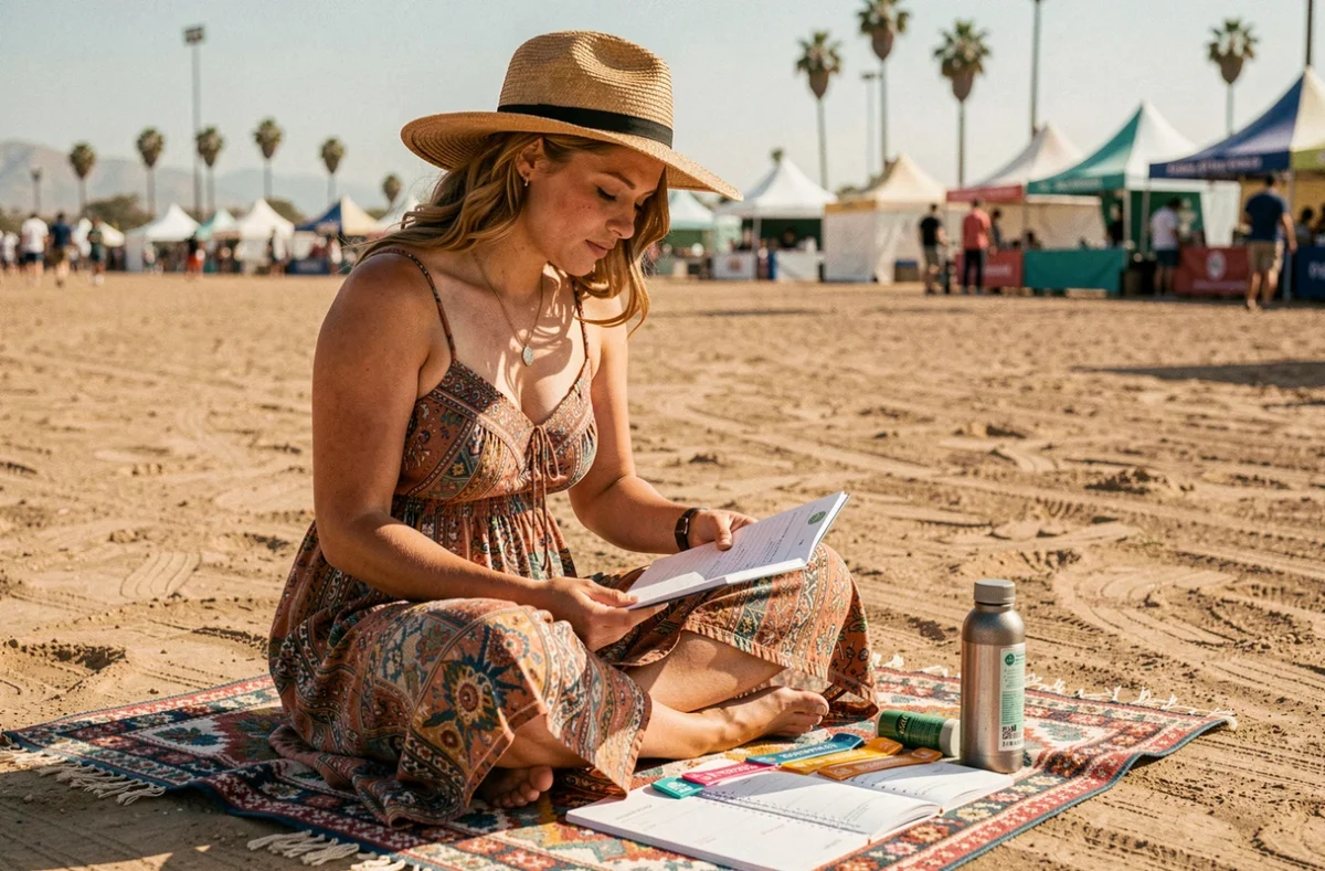 Jeune femme planifiant son budget Coachella 2026 avec un carnet et des bracelets de festival dans un cadre désertique