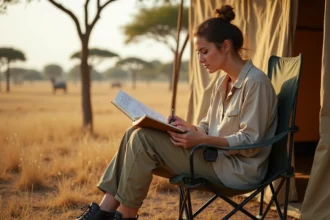 Voyageuse planifiant son budget safari au Serengeti avec une carte et un carnet de notes devant une tente de camp abordable