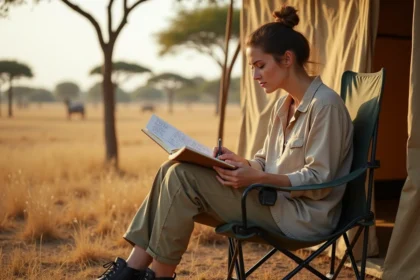 Voyageuse planifiant son budget safari au Serengeti avec une carte et un carnet de notes devant une tente de camp abordable