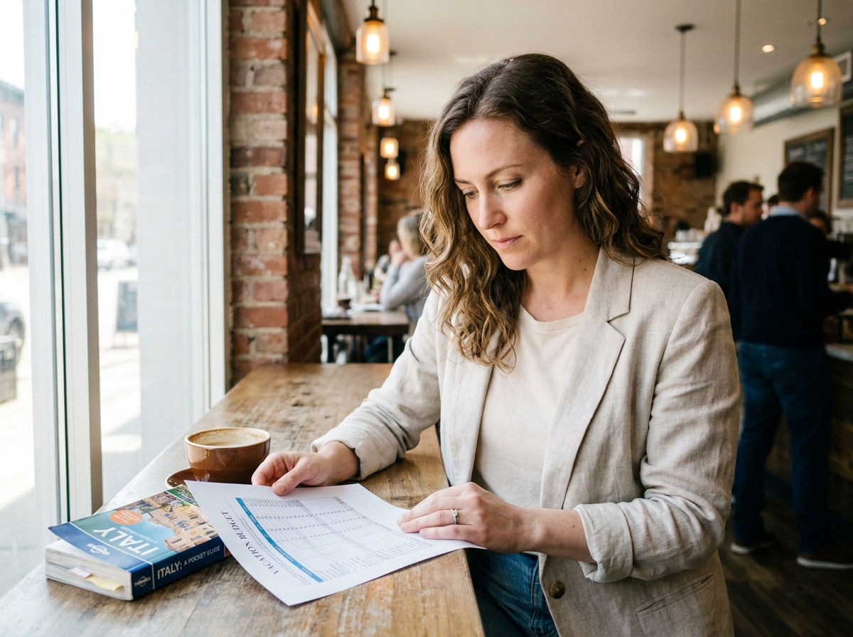Femme calculant le budget vacances en famille dans un café avec une feuille de dépenses