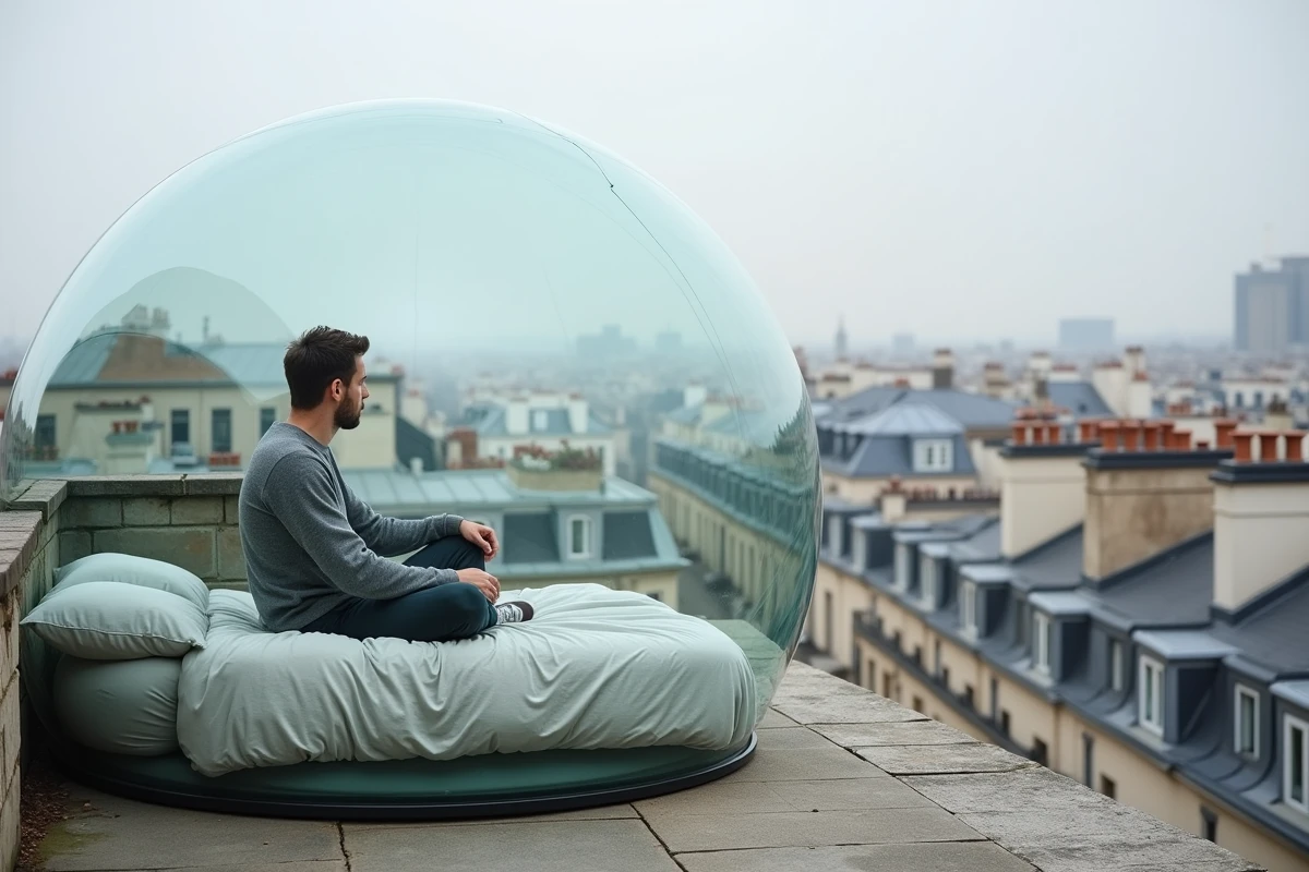 Homme se reposant dans une bulle transparente sur un toit parisien avec vue panoramique sur les toits haussmanniens