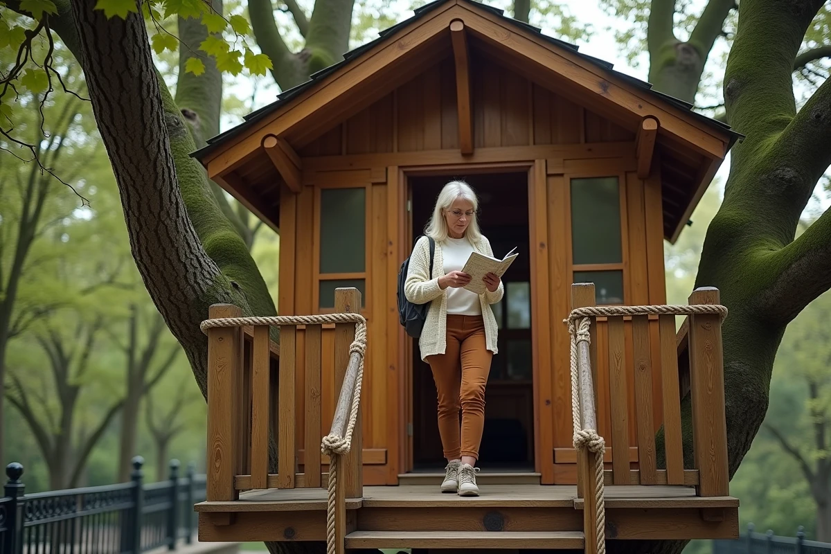 Femme sur le balcon d'une cabane suspendue dans les arbres d'un parc parisien pour un séjour insolite