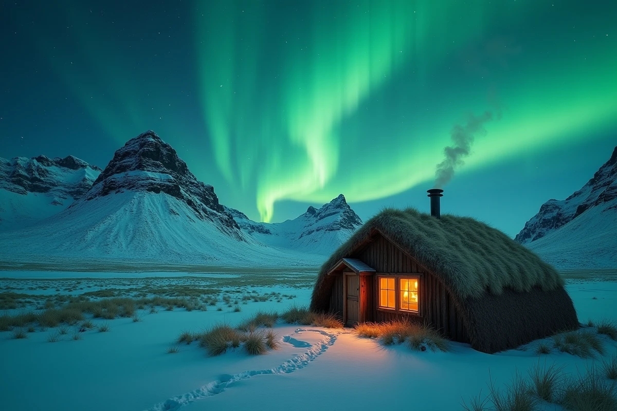 Cabane en tourbe islandaise illuminée avec aurore boréale verte au-dessus des montagnes enneigées en Islande