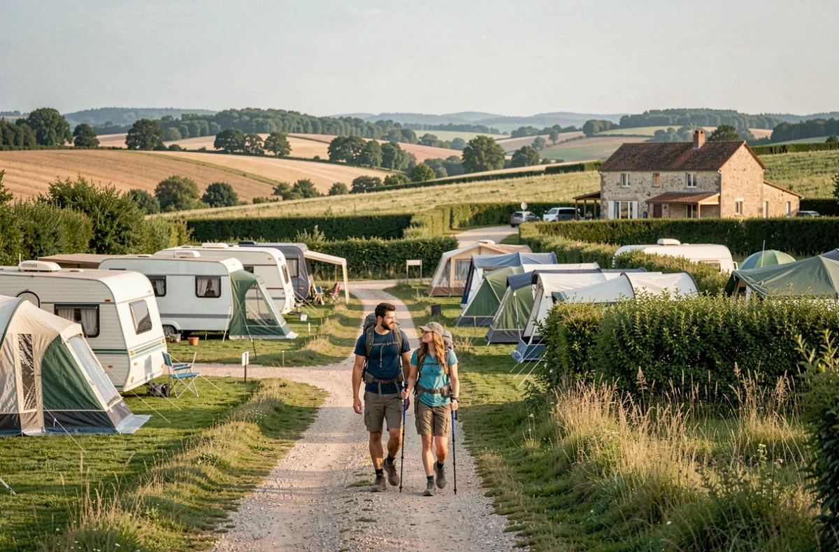 Camping d'Arpheuilles dans un cadre champêtre avec caravanes, tentes et une ferme en pierre rénovée