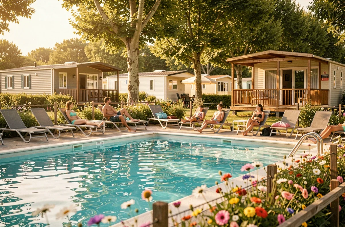Camping de l'Astrée avec piscine extérieure, chaises longues et mobil-homes sous les châtaigniers
