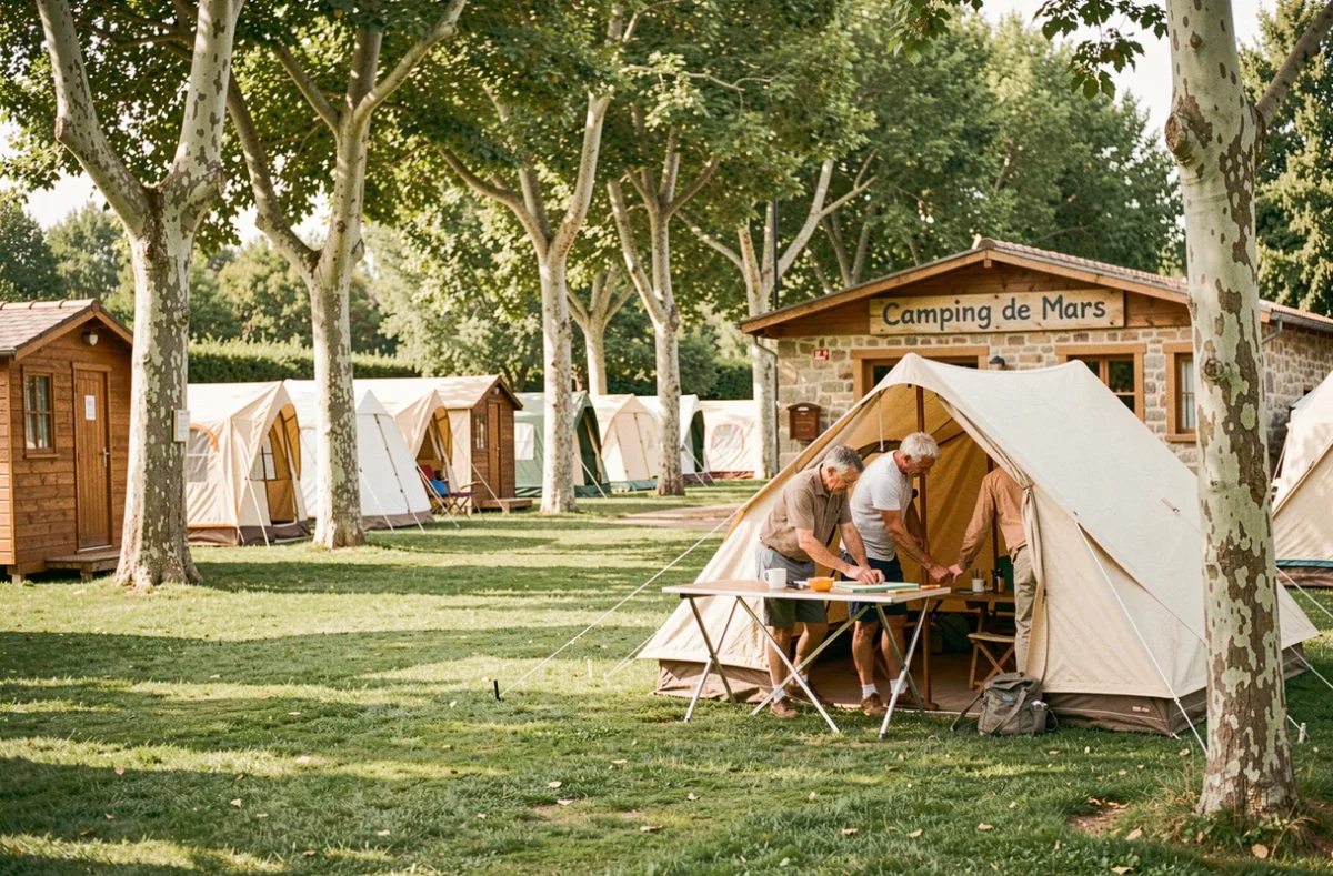 Camping de Mars avec ses emplacements herbeux soignés, chalets en bois et arbres majestueux en arrière-plan