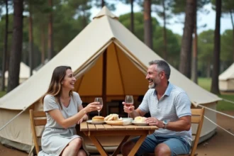 Couple profitant d'un repas en plein air devant leur tente dans un camping de l'Île de Ré entouré de pins
