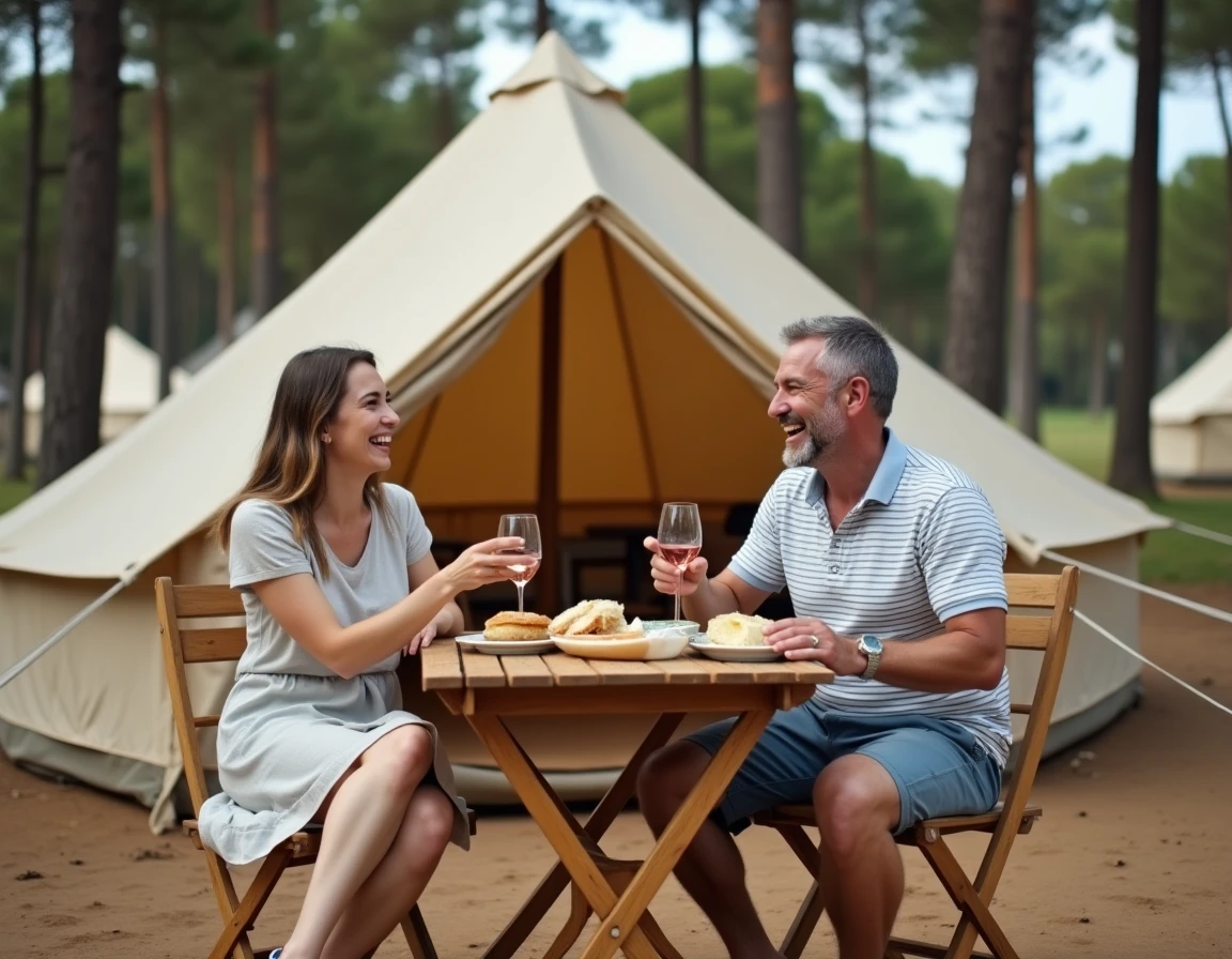 Couple profitant d'un repas en plein air devant leur tente dans un camping de l'Île de Ré entouré de pins