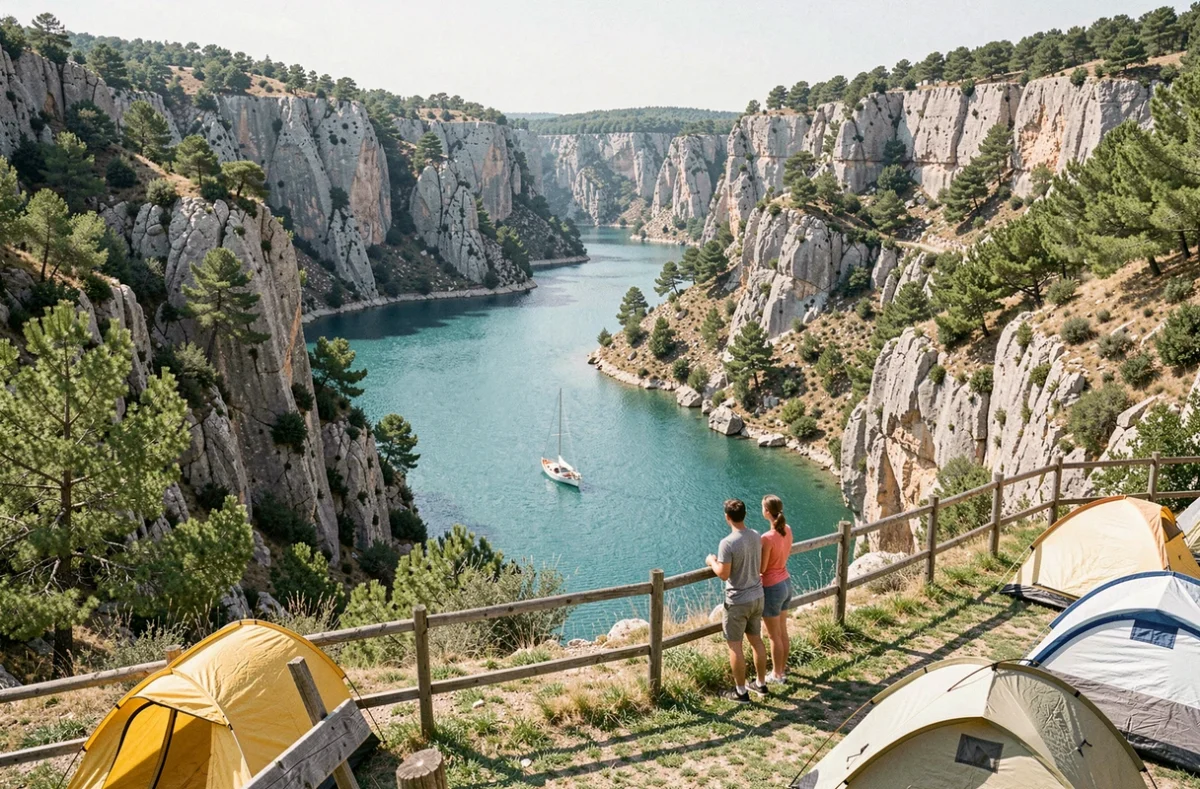 Camping du Lac de Grangent avec vue spectaculaire sur le lac turquoise, falaises calcaires et voilier sur l'eau