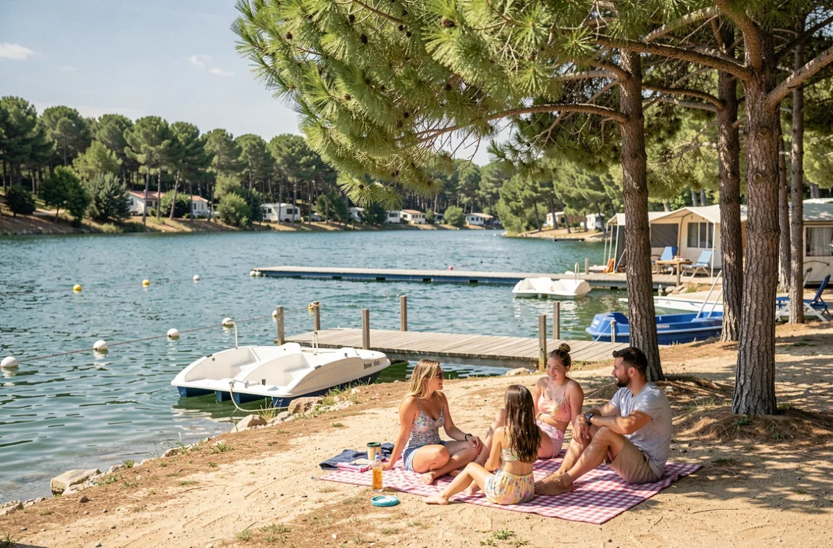 Vue du lac au camping L'Orée du Lac avec ponton en bois, pédalos et famille se relaxant sous les pins