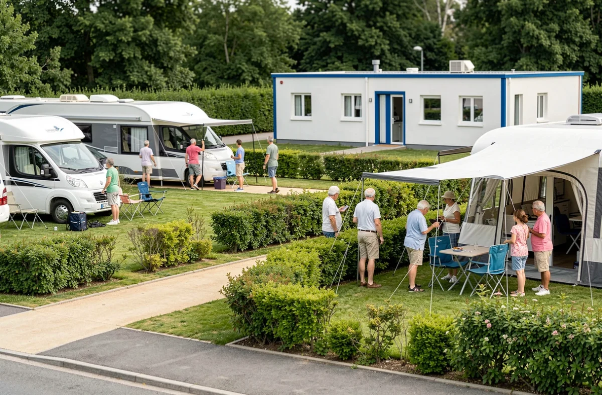 Camping municipal de Saint-Just-Saint-Rambert avec emplacements soignés, mobil-homes et bloc sanitaire moderne
