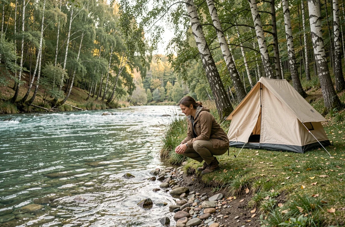 Camping Les Murmures du Lignon en bordure de rivière avec tente sous les bouleaux et atmosphère nature apaisante
