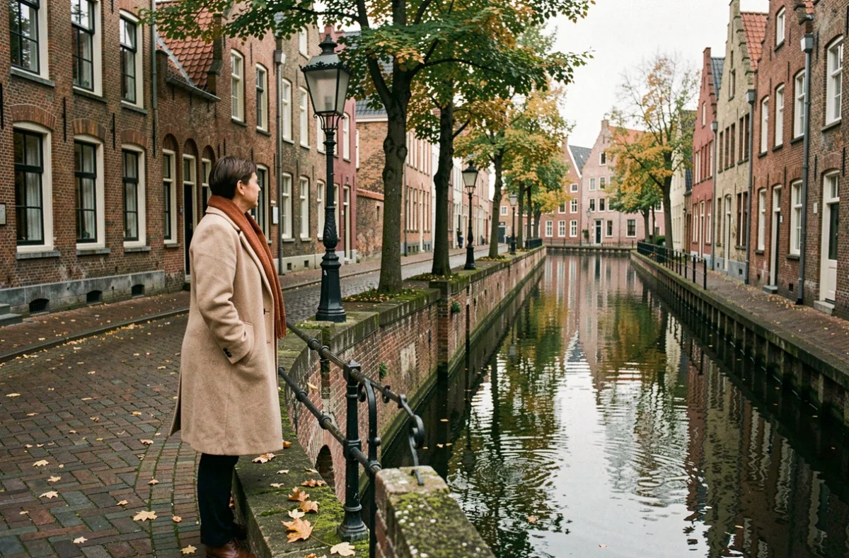 Femme en manteau beige contemplant les canaux de Bruges depuis un pont en pierre, facades medievales en briques rouges en arriere-plan en automne