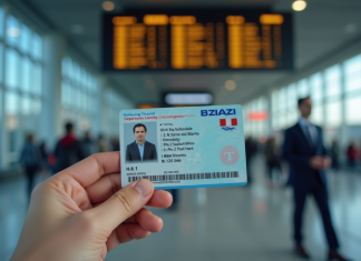 Zoom sur une carte d'identité française devant un tableau de départs