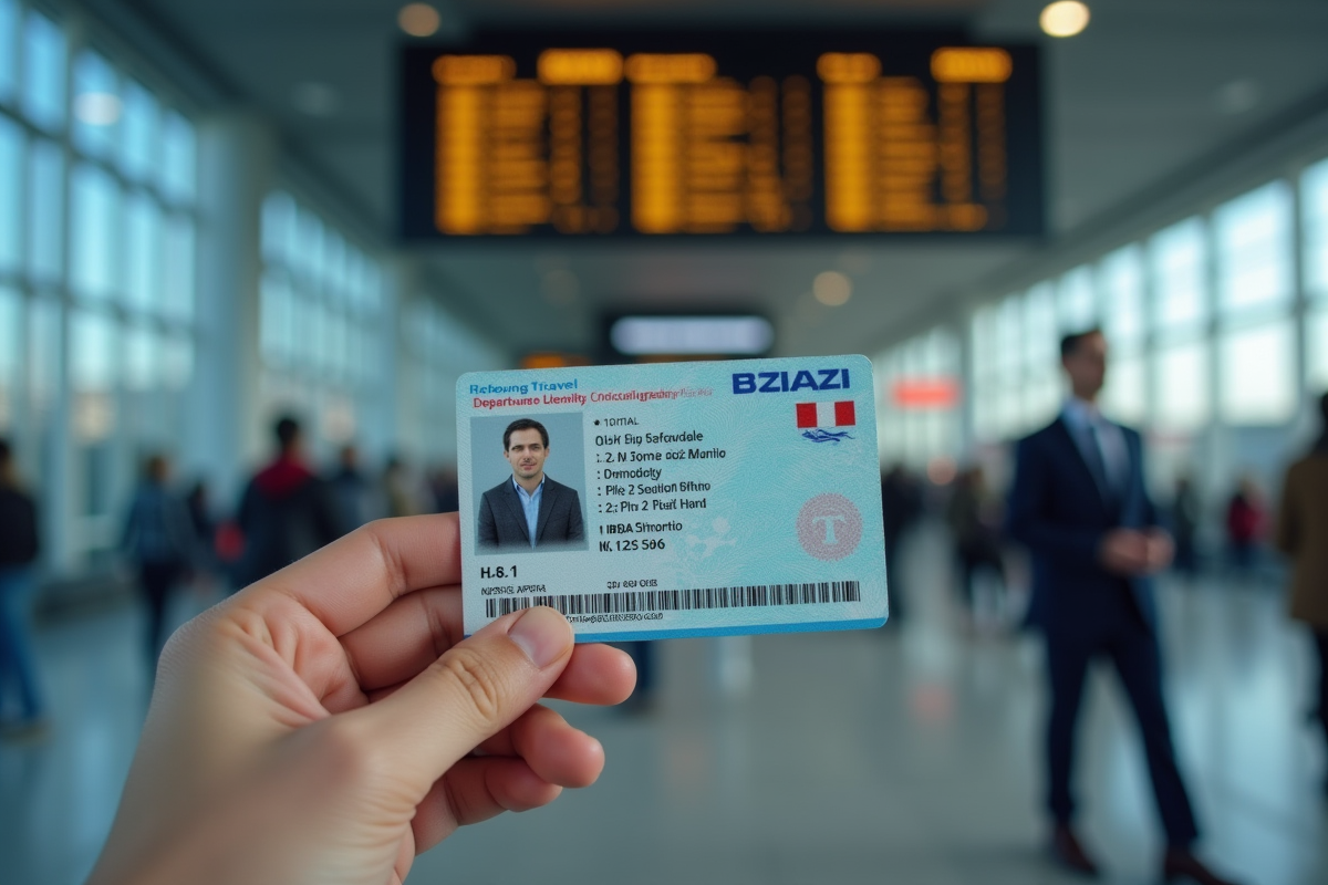 Zoom sur une carte d'identité française devant un tableau de départs