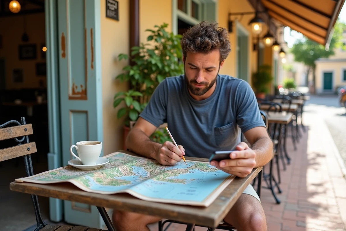 Homme planifiant un itinéraire sur une carte de l'île de Ré attablé en terrasse de bistro pour découvrir des endroits secrets loin des foules estivales