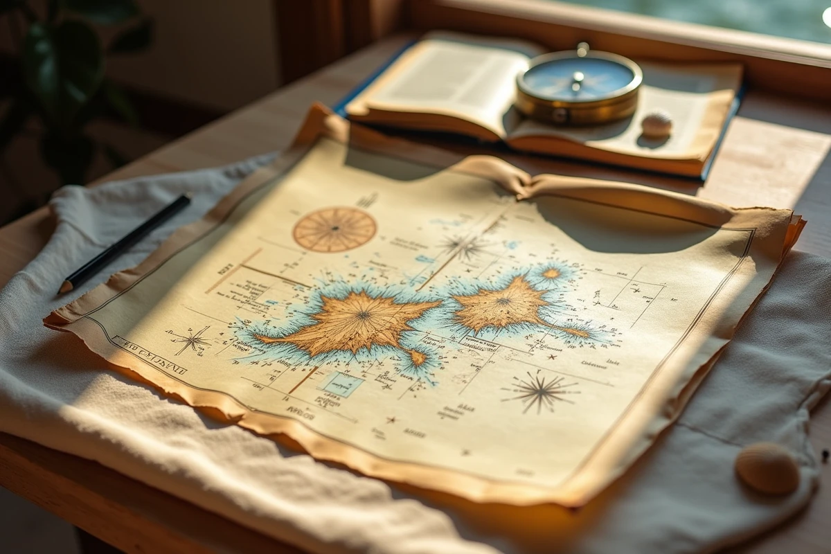 Carte papier des Maldives et de ses atolls ouverte sur une table en teck avec une boussole vintage et un journal de voyage