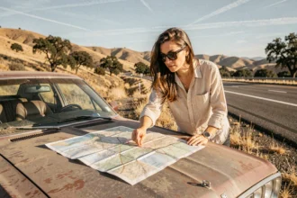 Voyageuse consultant une carte routière californienne dépliée sur le capot d'une voiture lors d'un roadtrip entre Los Angeles et San Francisco