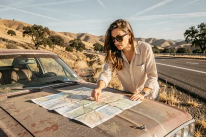 Voyageuse consultant une carte routière californienne dépliée sur le capot d'une voiture lors d'un roadtrip entre Los Angeles et San Francisco