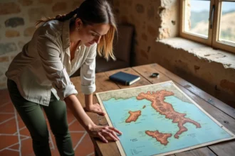 Femme étudiant une carte topographique des volcans d'Italie sur une table en bois rustique en Sicile