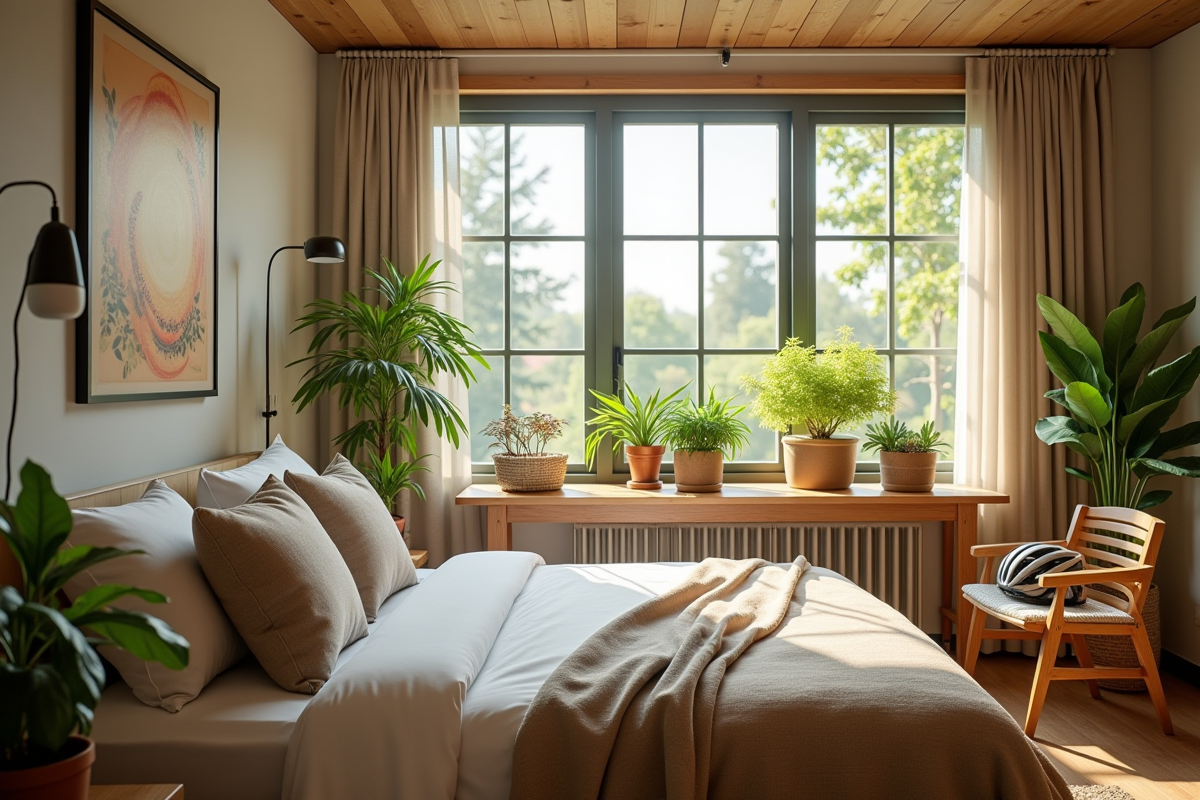 Chambre d hotel écologique avec lit et plantes naturelles