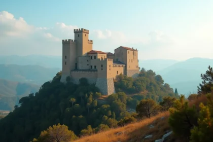Vue panoramique du château de Requesens perché sur une colline boisée du massif des Albères, avec ses tours médiévales en pierre granitique sous un ciel bleu
