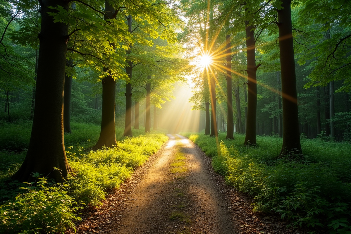 Sentier en forêt ensoleillée à Montmaur Montpellier