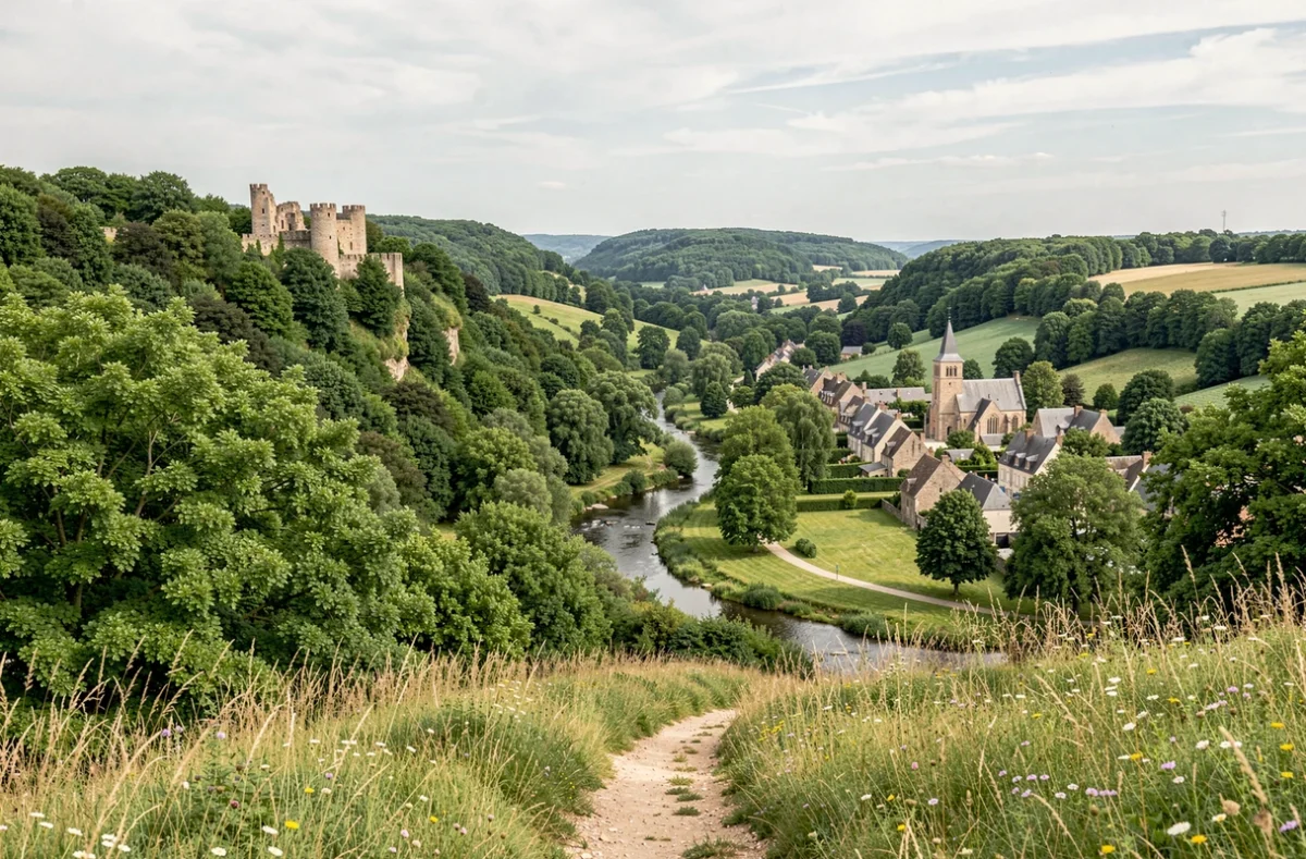 Vallée de Chevreuse vue depuis un sentier de randonnée avec les ruines du château médiéval sur la crête boisée et le village en contrebas