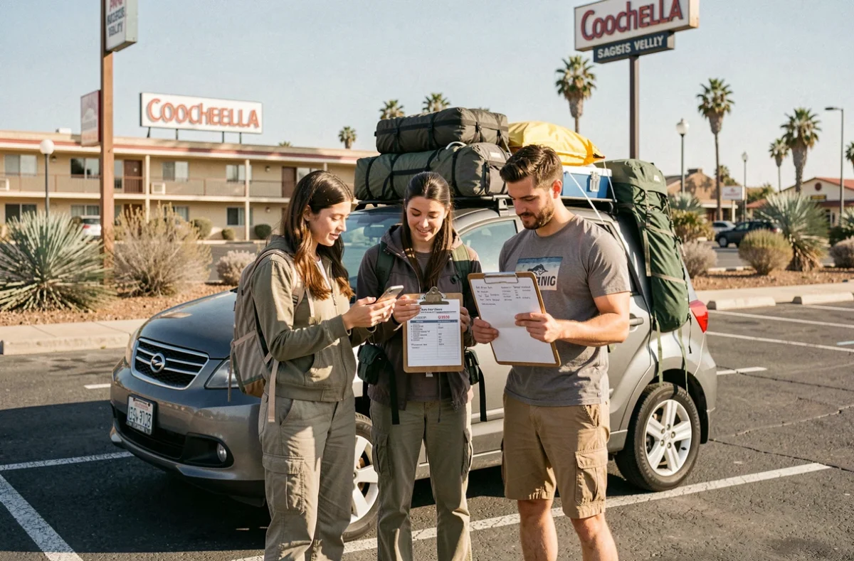 Groupe d'amis comparant les coûts de transport et d'hébergement pour le festival Coachella 2026 devant un motel