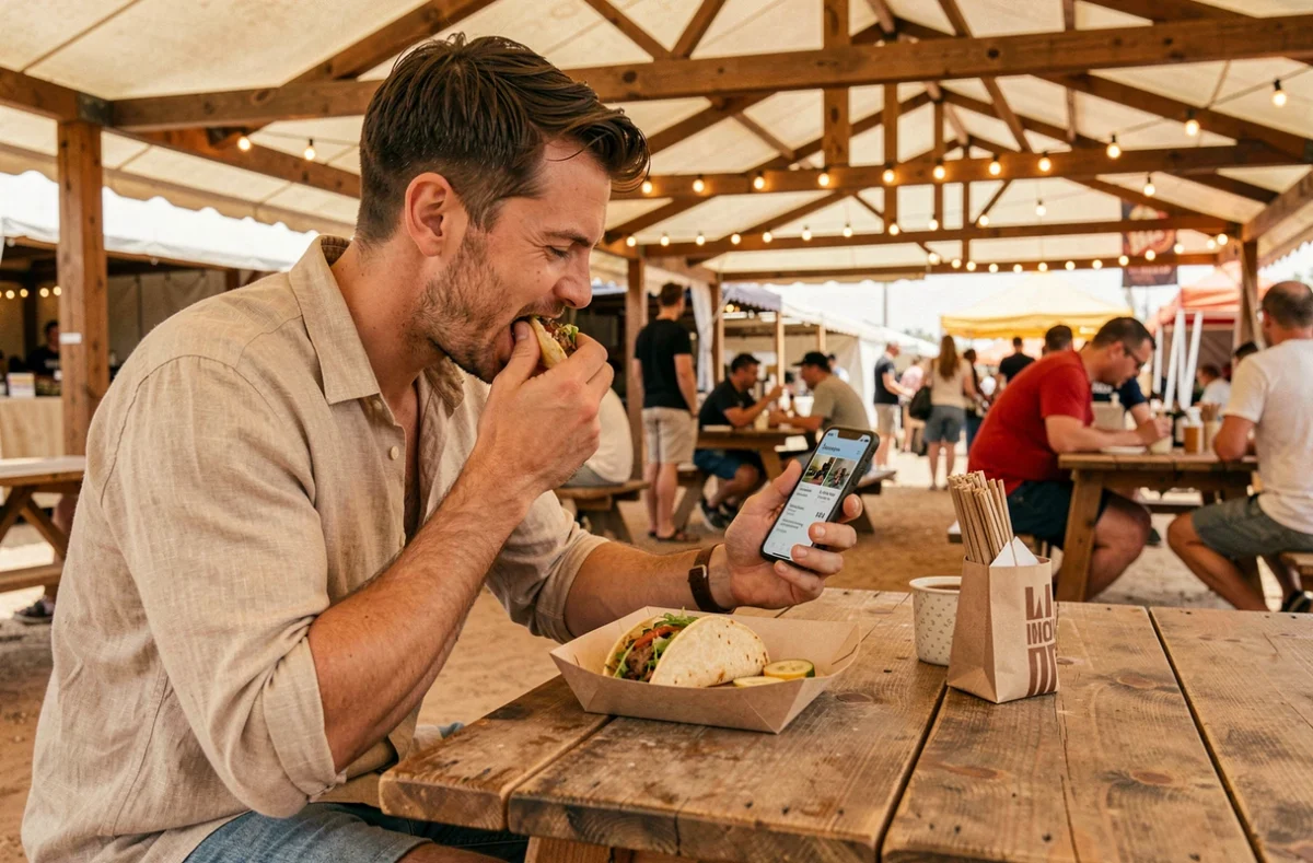 Homme consultant les prix de nourriture sur son téléphone dans un stand de restauration du festival Coachella 2026