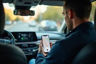 Conducteur paramétrant un itinéraire personnalisé sur l'application Mamppy depuis l'habitacle de son SUV