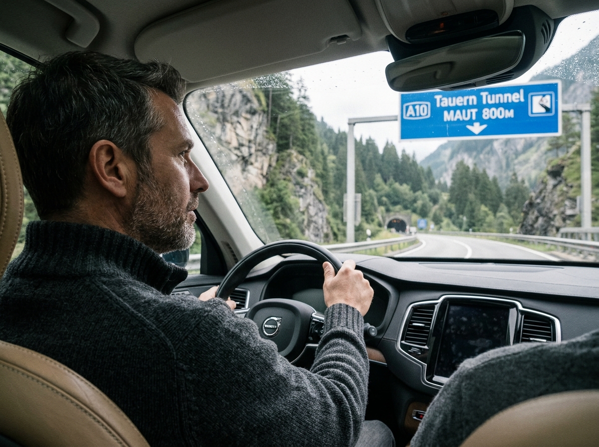 Conducteur au volant d'une voiture approchant d'un panneau de péage de tunnel en Autriche