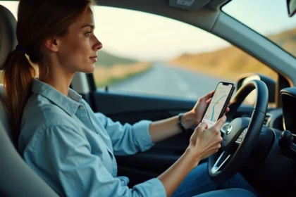 Femme conduisant sur l'autoroute avec un smartphone affichant un itinéraire Mappy fixé sur le tableau de bord