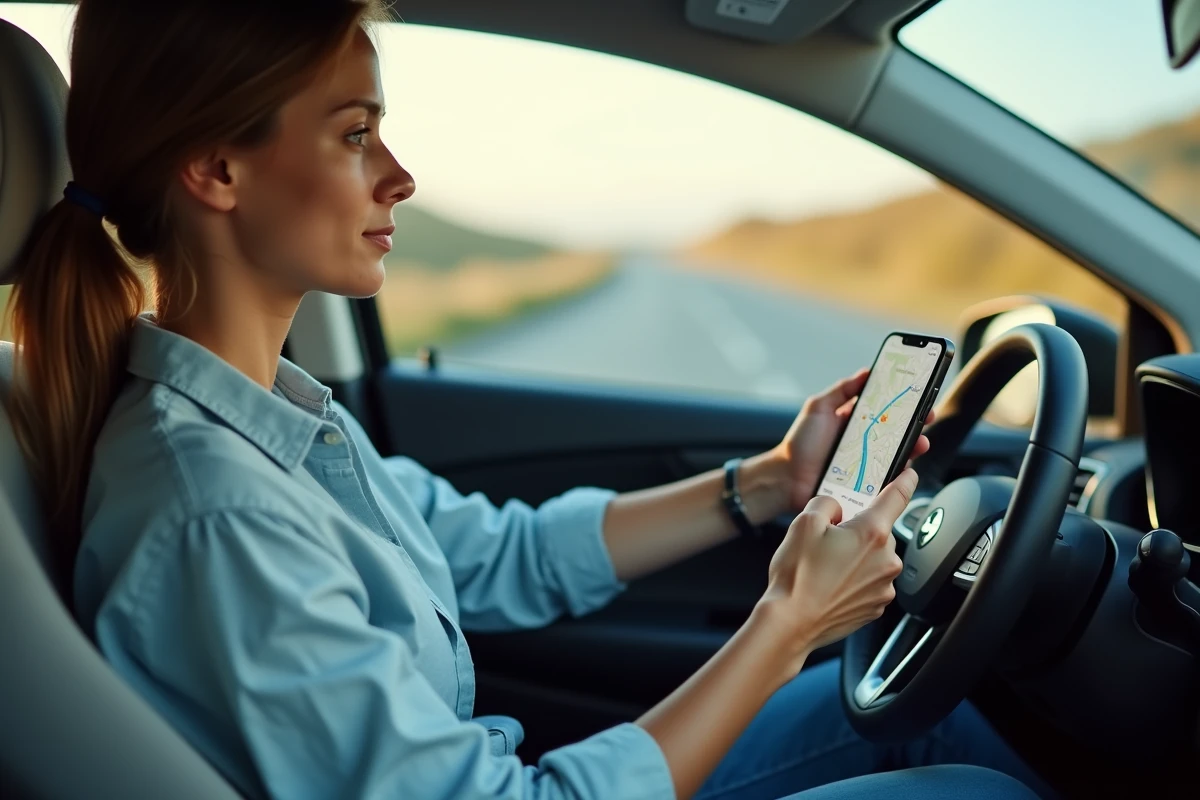 Femme conduisant sur l'autoroute avec un smartphone affichant un itinéraire Mappy fixé sur le tableau de bord